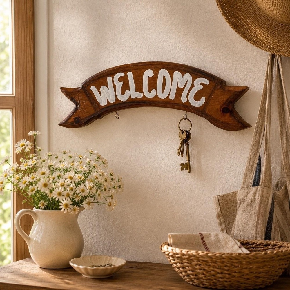 Rustic Wooden Welcome Key Holder | Hand-Painted Vintage Entryway Sign